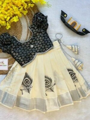 Black Brocade Silk Top with Kerala Cotton Peacock Design Kasavu Skirt in Silver Zari (Pre Booking) Onam Special