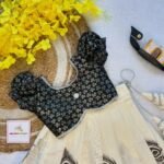 Black Brocade Silk Top with Kerala Cotton Peacock Design Kasavu Skirt in Silver Zari (Pre Booking) Onam Special