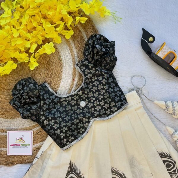 Black Brocade Silk Top with Kerala Cotton Peacock Design Kasavu Skirt in Silver Zari (Pre Booking) Onam Special