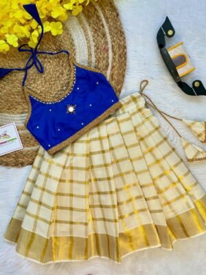 Ink Blue Butter Silk Top with Kerala Cotton Checked Design Kasavu Skirt in Golden Zari - (Pre Booking) Onam Special