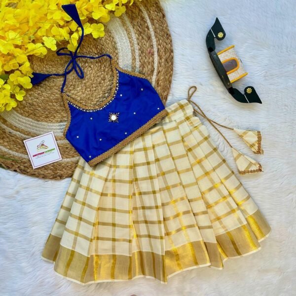 Ink Blue Butter Silk Top with Kerala Cotton Checked Design Kasavu Skirt in Golden Zari - (Pre Booking) Onam Special