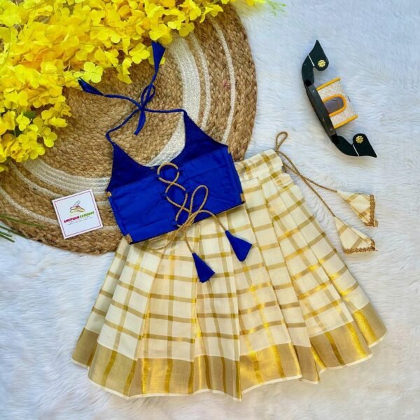 Ink Blue Butter Silk Top with Kerala Cotton Checked Design Kasavu Skirt in Golden Zari - (Pre Booking) Onam Special