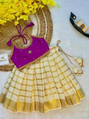 Vaadamalli Color Butter Silk Top with Kerala Cotton Checked Design Kasavu Skirt in Golden Zari - (Pre Booking) Onam Special