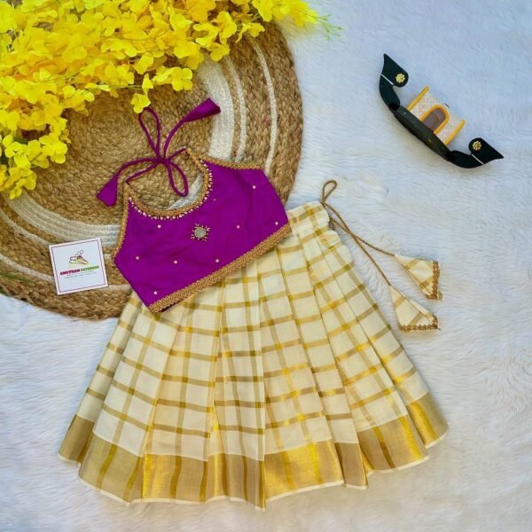Vaadamalli Color Butter Silk Top with Kerala Cotton Checked Design Kasavu Skirt in Golden Zari - (Pre Booking) Onam Special