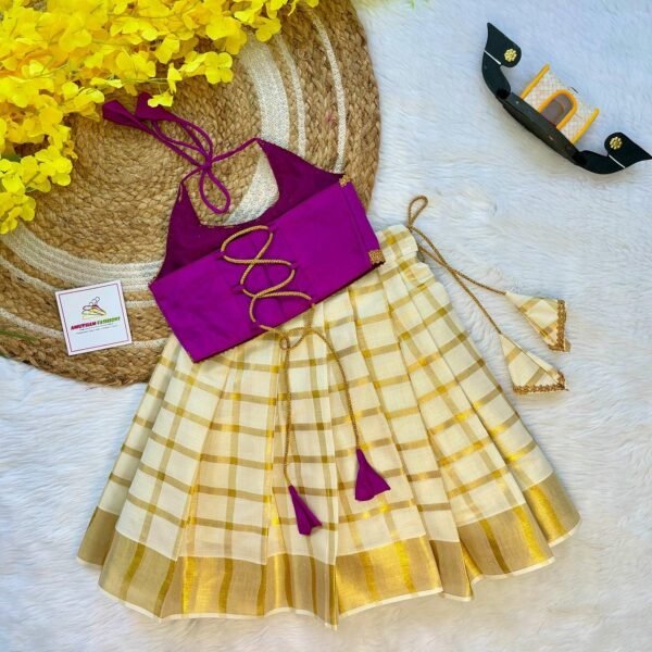 Vaadamalli Color Butter Silk Top with Kerala Cotton Checked Design Kasavu Skirt in Golden Zari - (Pre Booking) Onam Special