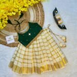 Dark Green Butter Silk Top with Kerala Cotton Checked Design Kasavu Skirt in Golden Zari - (Pre Booking) Onam Special