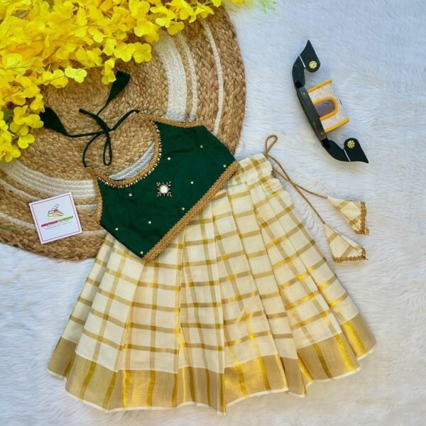 Dark Green Butter Silk Top with Kerala Cotton Checked Design Kasavu Skirt in Golden Zari - (Pre Booking) Onam Special