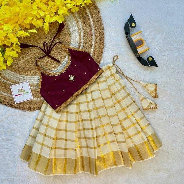 Dark Maroon Butter Silk Top with Kerala Cotton Checked Design Kasavu Skirt in Golden Zari - (Pre Booking) Onam Special