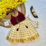 Dark Maroon Butter Silk Top with Kerala Cotton Checked Design Kasavu Skirt in Golden Zari - (Pre Booking) Onam Special