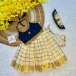 Dark Blue Butter Silk Top with Kerala Cotton Checked Design Kasavu Skirt in Golden Zari - (Pre Booking) Onam Special