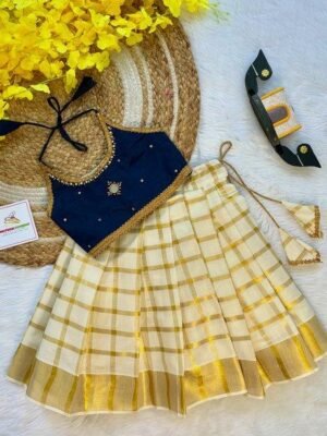 Dark Blue Butter Silk Top with Kerala Cotton Checked Design Kasavu Skirt in Golden Zari - (Pre Booking) Onam Special