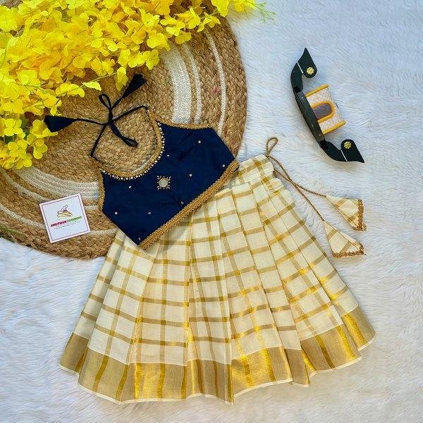 Dark Blue Butter Silk Top with Kerala Cotton Checked Design Kasavu Skirt in Golden Zari - (Pre Booking) Onam Special