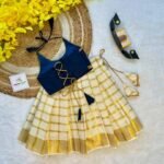 Dark Blue Butter Silk Top with Kerala Cotton Checked Design Kasavu Skirt in Golden Zari - (Pre Booking) Onam Special
