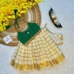 Bottle Green Butter Silk Top with Kerala Cotton Checked Design Kasavu Skirt in Golden Zari - (Pre Booking) Onam Special