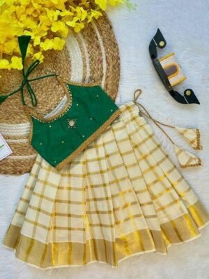 Bottle Green Butter Silk Top with Kerala Cotton Checked Design Kasavu Skirt in Golden Zari - (Pre Booking) Onam Special