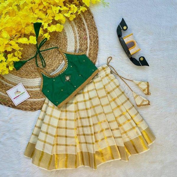 Bottle Green Butter Silk Top with Kerala Cotton Checked Design Kasavu Skirt in Golden Zari - (Pre Booking) Onam Special
