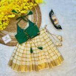 Bottle Green Butter Silk Top with Kerala Cotton Checked Design Kasavu Skirt in Golden Zari - (Pre Booking) Onam Special
