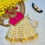 Pink Butter Silk Top with Kerala Cotton Checked Design Kasavu Skirt in Golden Zari - (Pre Booking) Onam Special