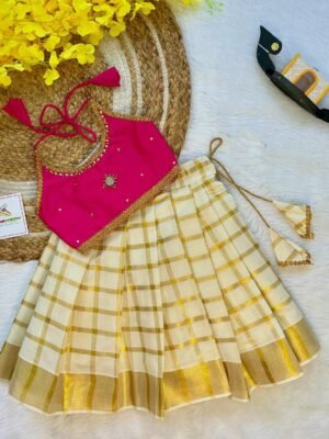 Pink Butter Silk Top with Kerala Cotton Checked Design Kasavu Skirt in Golden Zari - (Pre Booking) Onam Special