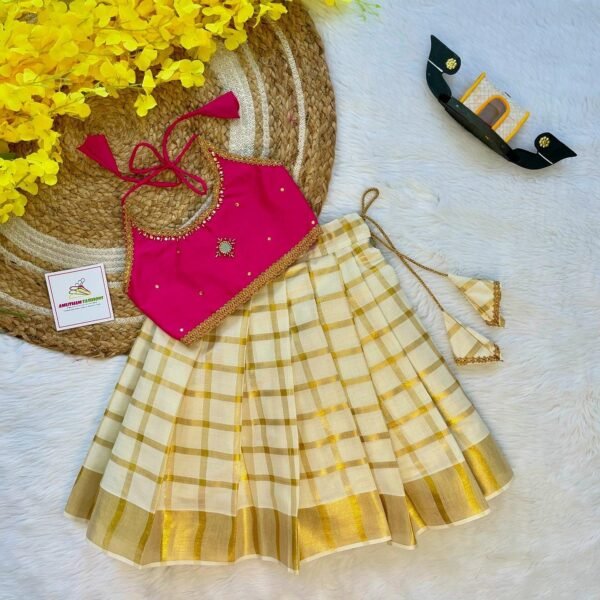Pink Butter Silk Top with Kerala Cotton Checked Design Kasavu Skirt in Golden Zari - (Pre Booking) Onam Special