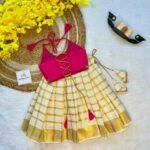 Pink Butter Silk Top with Kerala Cotton Checked Design Kasavu Skirt in Golden Zari - (Pre Booking) Onam Special