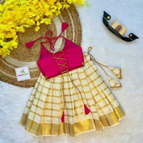 Pink Butter Silk Top with Kerala Cotton Checked Design Kasavu Skirt in Golden Zari - (Pre Booking) Onam Special