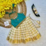 Sea Blue Butter Silk Top with Kerala Cotton Checked Design Kasavu Skirt in Golden Zari- (Pre Booking) Onam Special