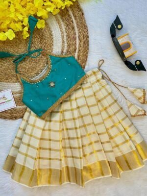 Sea Blue Butter Silk Top with Kerala Cotton Checked Design Kasavu Skirt in Golden Zari- (Pre Booking) Onam Special