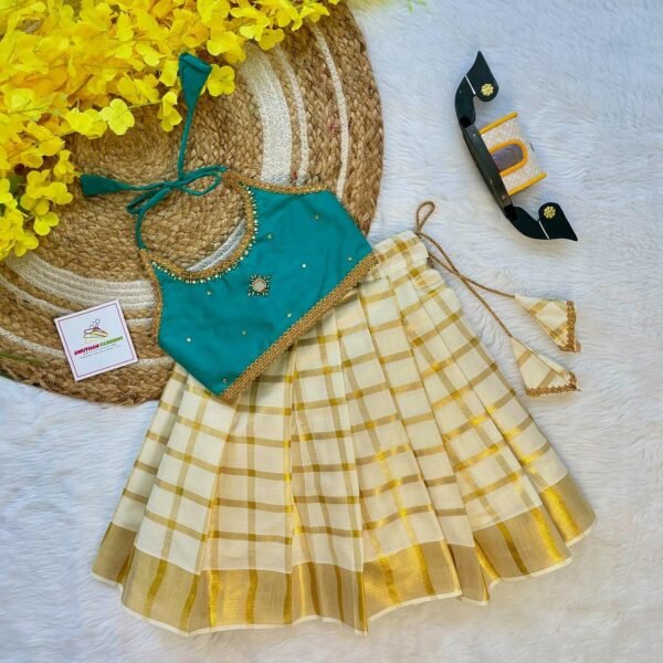 Sea Blue Butter Silk Top with Kerala Cotton Checked Design Kasavu Skirt in Golden Zari- (Pre Booking) Onam Special