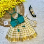Sea Blue Butter Silk Top with Kerala Cotton Checked Design Kasavu Skirt in Golden Zari- (Pre Booking) Onam Special