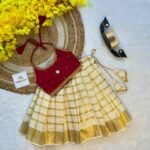 Maroon Butter Silk Top with Kerala Cotton Checked Design Kasavu Skirt in Golden Zari- (Pre Booking) Onam Special