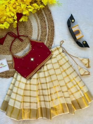Maroon Butter Silk Top with Kerala Cotton Checked Design Kasavu Skirt in Golden Zari- (Pre Booking) Onam Special