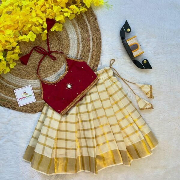 Maroon Butter Silk Top with Kerala Cotton Checked Design Kasavu Skirt in Golden Zari- (Pre Booking) Onam Special