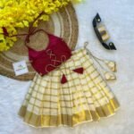 Maroon Butter Silk Top with Kerala Cotton Checked Design Kasavu Skirt in Golden Zari- (Pre Booking) Onam Special