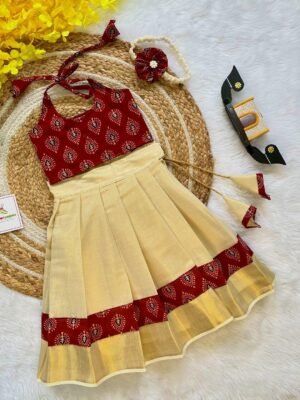 Brick Red Ajrakh Print Top with Kerala Cotton Kasavu Skirt in Golden Zari - (Pre Booking) Onam Special