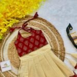 Brick Red Ajrakh Print Top with Kerala Cotton Kasavu Skirt in Golden Zari - (Pre Booking) Onam Special