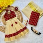 Brick Red Ajrakh Print Top with Kerala Cotton Kasavu Skirt in Golden Zari - (Pre Booking) Onam Special