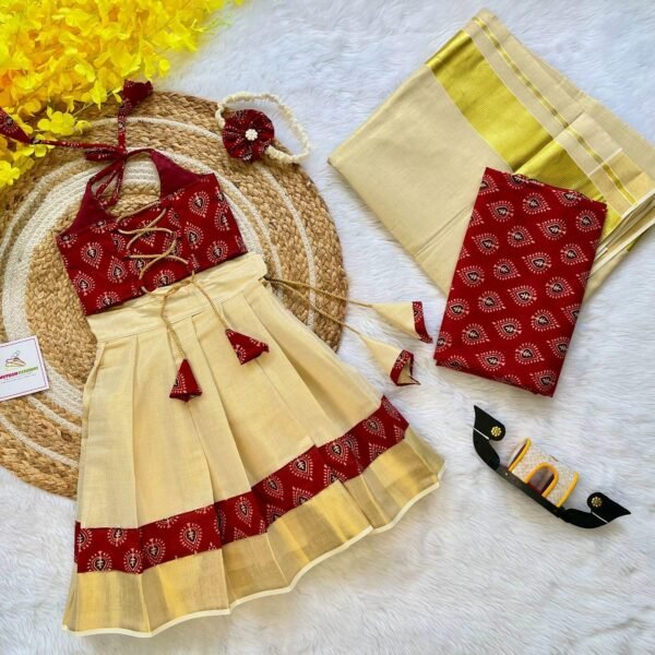 Brick Red Ajrakh Print Top with Kerala Cotton Kasavu Skirt in Golden Zari - (Pre Booking) Onam Special