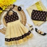 Black Ajrakh Print Top with Kerala Cotton Kasavu Skirt in Golden Zari & Matching Saree (Pre Booking)