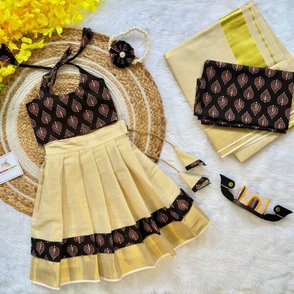 Black Ajrakh Print Top with Kerala Cotton Kasavu Skirt in Golden Zari & Matching Saree (Pre Booking)