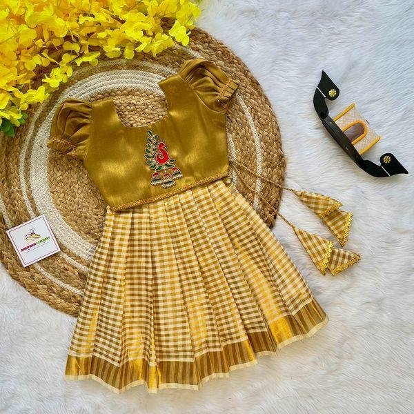 Tissue Gold Aariwork Top with Kerala Small Checked Kasavu Skirt in Golden Zari - (Pre booking) Onam Special