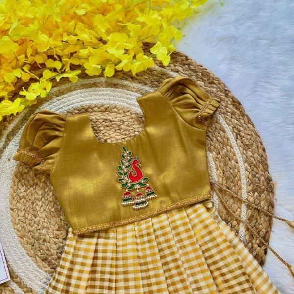 Tissue Gold Aariwork Top with Kerala Small Checked Kasavu Skirt in Golden Zari - (Pre booking) Onam Special