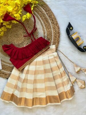 Golden Zari Kerala Kasavu Silk Cotton Paavadai & Dark Red Rawsilk Top - (Pre booking) Onam Special