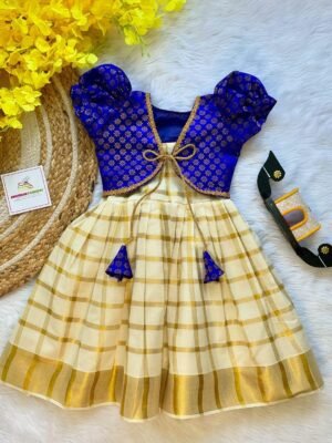 Kasavu Cotton Frock with Blue Brocade Silk Coat - (Pre booking) Onam Special