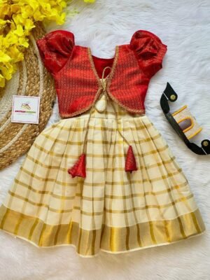Kasavu Cotton Frock with Red Brocade Silk Coat - (Pre booking) Onam Special