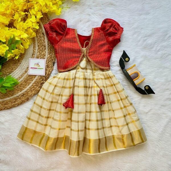 Kasavu Cotton Frock with Red Brocade Silk Coat - (Pre booking) Onam Special