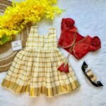 Kasavu Cotton Frock with Red Brocade Silk Coat - (Pre booking) Onam Special