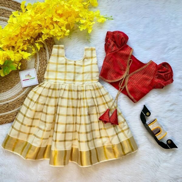 Kasavu Cotton Frock with Red Brocade Silk Coat - (Pre booking) Onam Special
