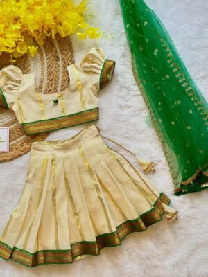 Green Border Kerala Kasavu Cotton Skirt and Top with matching Green Net Duppata - (Pre booking) Onam Special