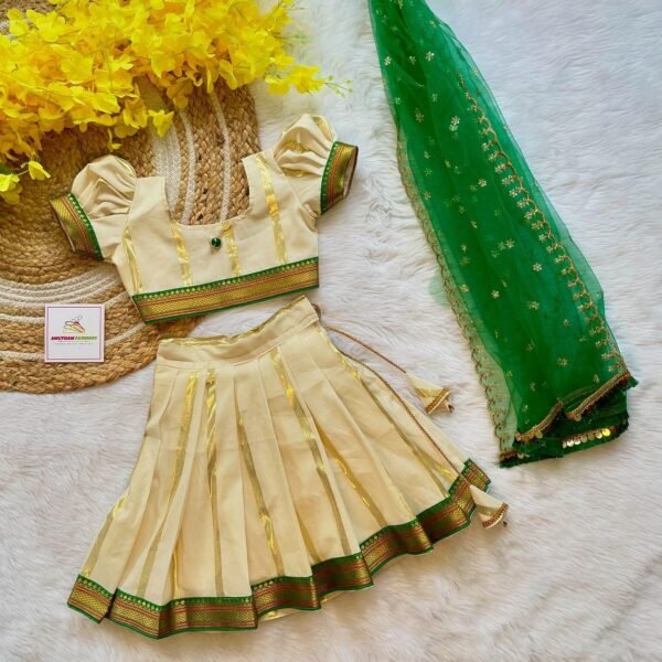 Green Border Kerala Kasavu Cotton Skirt and Top with matching Green Net Duppata - (Pre booking) Onam Special